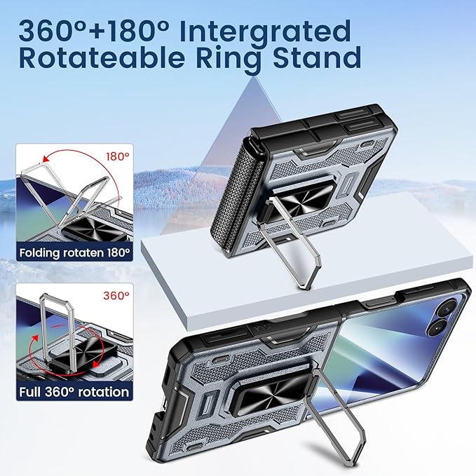 VEGO for Z Flip 7 Case, Samsung Galaxy Flip 7 Case with 360° Rotatable Ring Kickstand & Belt Clip Holster & 9H HD Tempered Glass Camera Screen Protector & Hinge Protection, Shockproof Cover - Grey