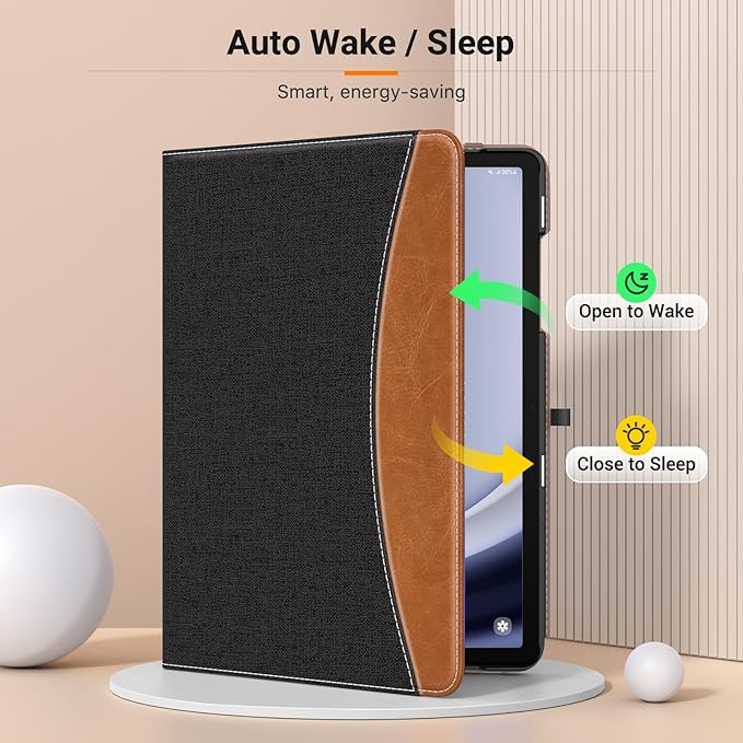 MoKo Case for Samsung Galaxy Tab A9 Plus 11" 2023 (SM-X210/SM-X216/SM-X218), PU Leather Multi-Angle Viewing Folding Stand Cover Case with Hand Strap, Front Pocket, Auto Wake/Sleep, Demin Black & Brown