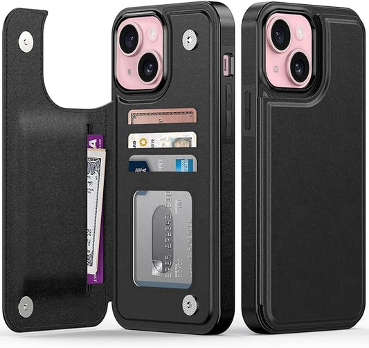 FUNMIKO for iPhone 15 Plus Wallet Case with Card Holder, RFID-Blocking, Military-Grade Protection & UV-Printed Artwork, Magnetic Closure with Leather Kickstand - Black