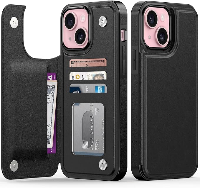 FUNMIKO for iPhone 14 Plus Wallet Case with Card Holder, RFID-Blocking, Military-Grade Protection & UV-Printed Artwork, Magnetic Closure with Leather Kickstand - Black