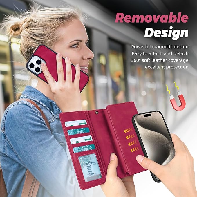 TwoHead Wallet Case Compatible with iPhone 15 Pro Max,Detachable Magnetic Phone Case,All-Round Shockproof Protective Leather Phone Case with Card Holder,6.7 in,Wine Red
