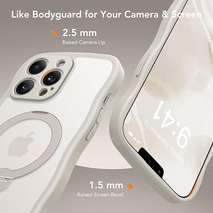 GolbinBox for iPhone 13 Pro Case for Women,[Compatible with Magsafe][360° Spin Magnetic Stand][Cute Wave Edge][Military-Grade Protection] Translucent Matte Phone Case for iPhone 13 Pro, Stone