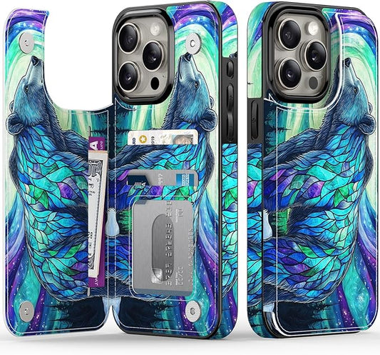 FUNMIKO for iPhone 13 Pro Wallet Case with Card Holder, RFID-Blocking, Military-Grade Protection & UV-Printed Artwork, Magnetic Closure with Leather Kickstand - Prismatic Aurora Bear