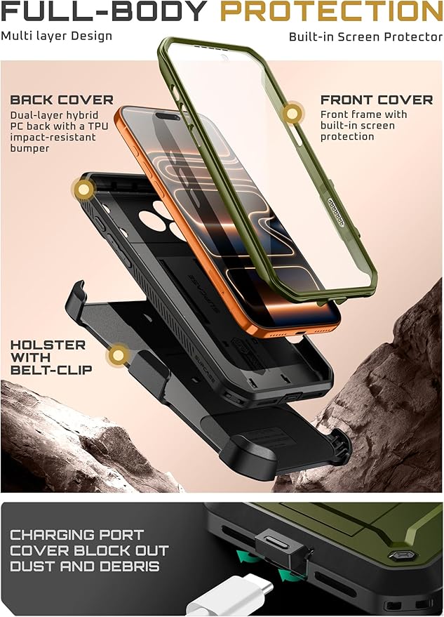 SUPCASE for iPhone 17 Pro Max Case with Camera Control Button (Unicorn Beetle Pro), [Built-in Kickstand & Screen Protector] [Military-Grade Protection] Full Body Heavy Duty Phone Case, Guldan