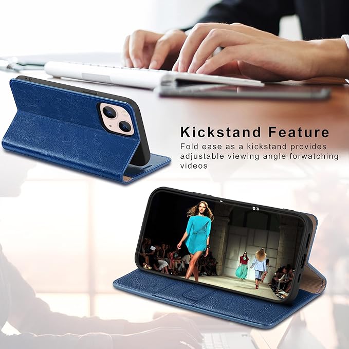 Belemay Compatible with iPhone 14 Plus Wallet Case-Genuine Leather Flip Phone Case-RFID Blocking Card Holders-Shockproof TPU Shell Folio Cover Women Men Compatible with iPhone 14 Plus (6.7-inch) Blue