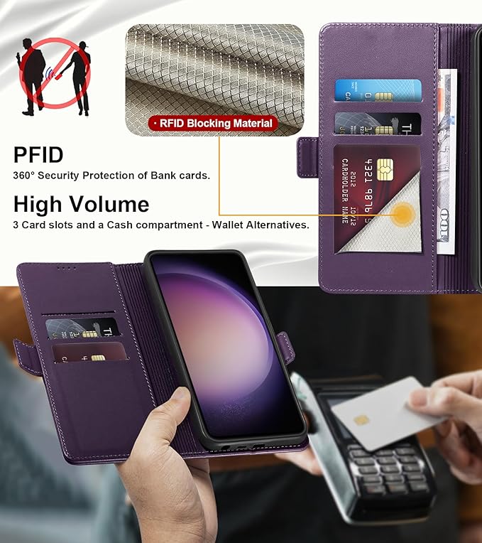 Wallet Flip Case for Samsung Galaxy S23 Ultra 5G - [RFID Blocking] Luxury PU Leather Card Holder Magnetic Phone Cover with Kickstand,Shockproof Protective Case,Purple
