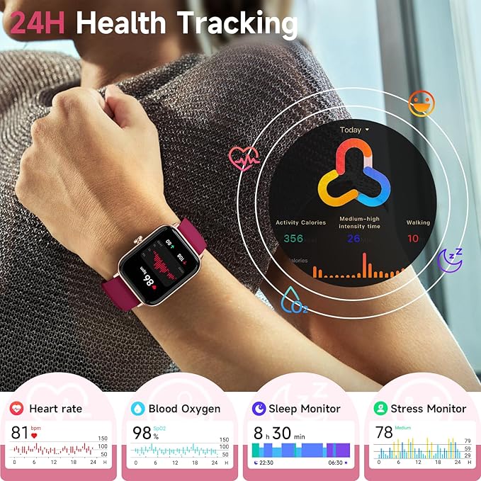 Smart Watches for Women Android & iPhone, Alexa Built-in, 1.85" Fitness Tracker with Answer/Make Calls, IP68 Waterproof Fitness Watch,Heart Rate, Sleep, SpO2 Monitor,Pedometer, Red