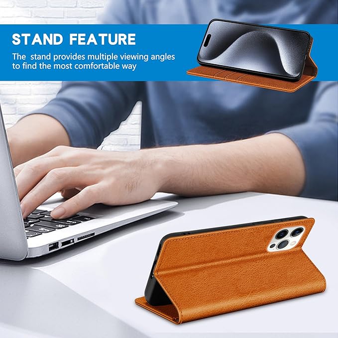 ZZXX for iPhone 15 Pro Wallet Case with [RFID Blocking] Card Slot Stand Strong Magnetic Leather Flip Fold Protective Phone Case for iPhone 15 Pro Case Wallet(Brown-6.1 inch)
