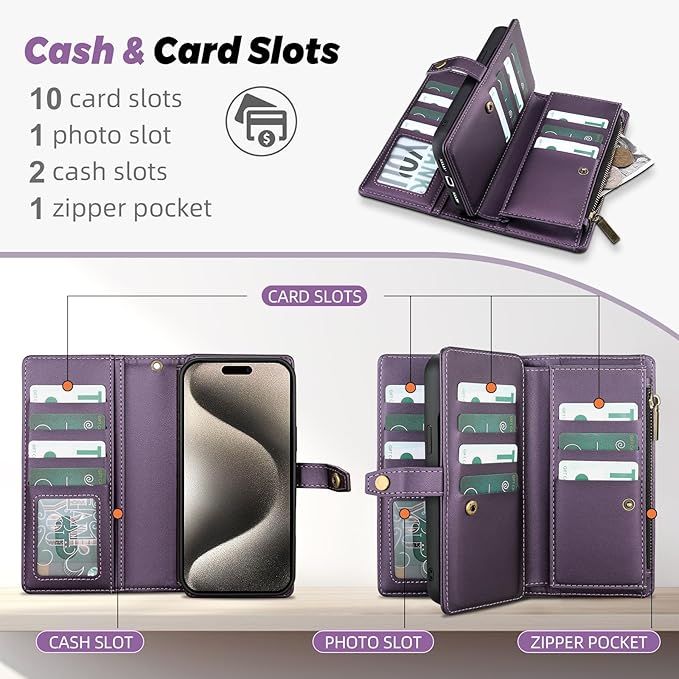 TwoHead Wallet Case Compatible with iPhone 15 Pro Max,Detachable Magnetic Phone Case,All-Round Shockproof Protective Leather Phone Case with Card Holder,6.7 in,Deep Purple