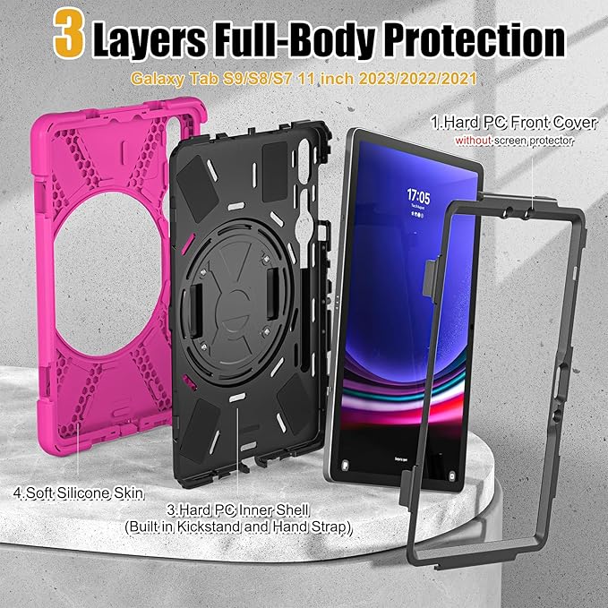 BRAECNstock for Samsung Galaxy Tab S10 Lite/ S10 FE/ S9 FE/ S9/ S8/ S7 5G Case 10.9"/11", Shockproof Protective Kids Case with Pencil Holder, Rotating Hand Strap & Stand, Shoulder Strap, Rose Red