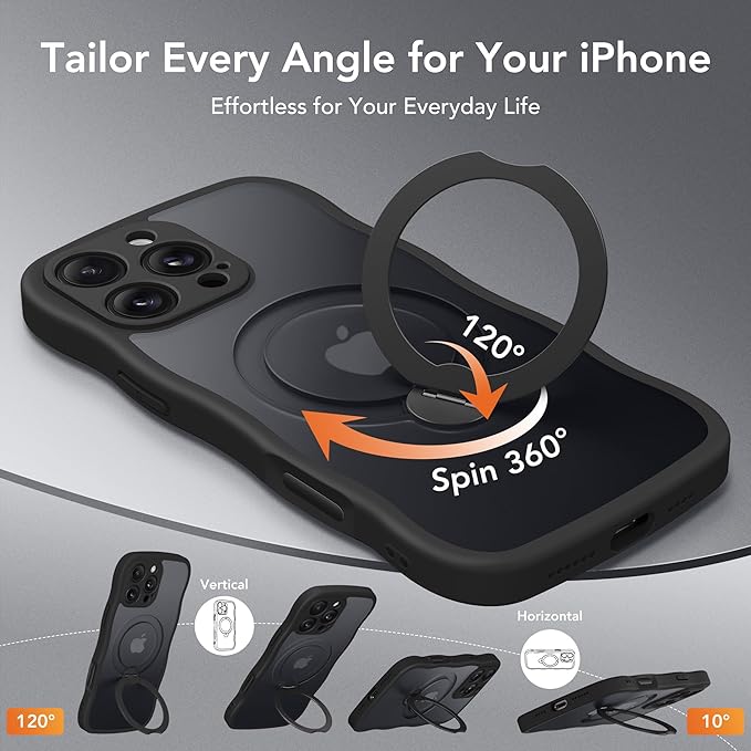 GolbinBox for iPhone 16 Pro Case for Women,[Compatible with Magsafe][360° Spin Magnetic Stand][Cute Wave Edge][Military-Grade Protection] Translucent Matte Phone Case for iPhone 16 Pro, Black