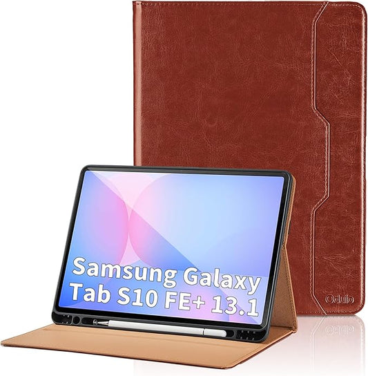 Case for Samsung Galaxy Tab S10 FE Plus 13.1-Inch 2025 - Model SM-X620/SM-X626B with S Pen Holder and Pocket, PU Leather Business Folio Stand Cover for Galaxy S10 FE+, Brown
