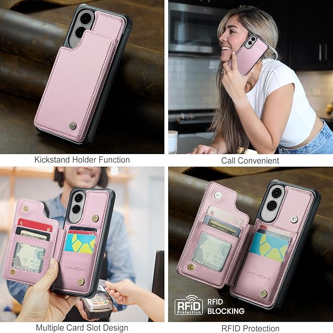 Vinich for Samsung Galaxy S25 Edge Wallet Case with Card Holder, RFID Blocking Credit Slots Kickstand Shockproof Phone Cover for Women Men, Pink