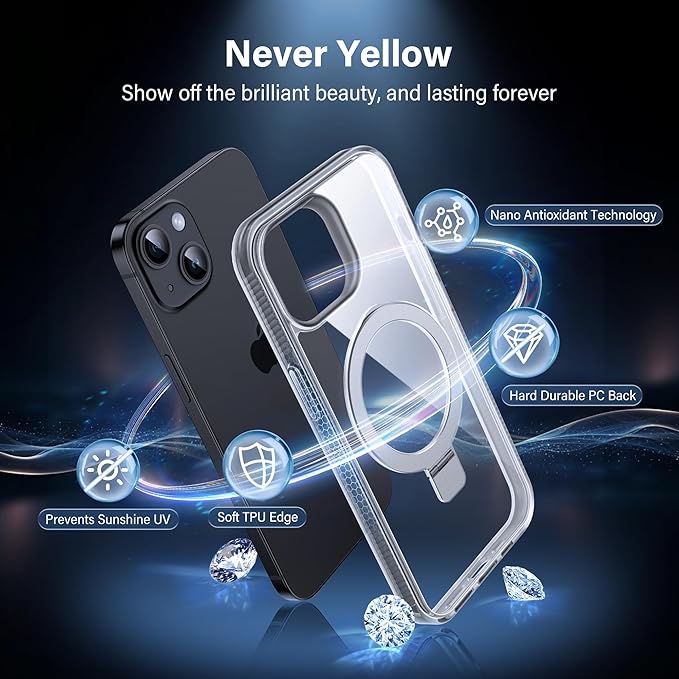 Magnetic Case for iPhone 13/14 - [Built-in Invisible Stand] [Compatible with MagSafe] [Military Grade Drop Protection] Anti-Yellowing Hard Back Silicone Edge Cover, 6.1", Clear
