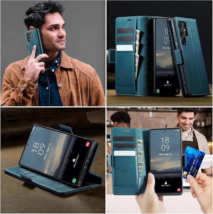 Wallet Case for Samsung Galaxy S25 Ultra Leather Wallet Flip Cover with Card Holder, Kickstand, Magnetic Closure, RFID Blocking TPU Shockproof Phone Case Compatible with S25 Ultra,Blue-Green