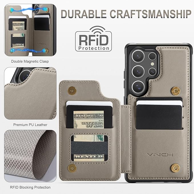 Vinich for Samsung Galaxy S25 Ultra Wallet Case with Card Holder, RFID Blocking Credit Slots Kickstand Shockproof Phone Cover for Women Men, Gray