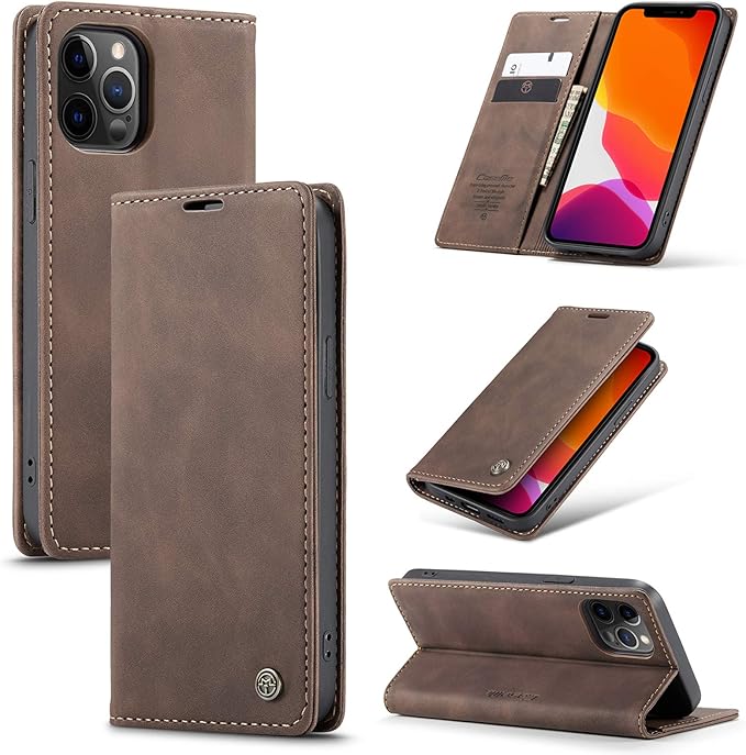 for iPhone 12 Pro Max Case, Flip Wallet Leather Case with Card Holder Magnetic Closure Shockproof Kickstand Protective Phone Cases Cover for iPhone 12 Pro Max, Coffee