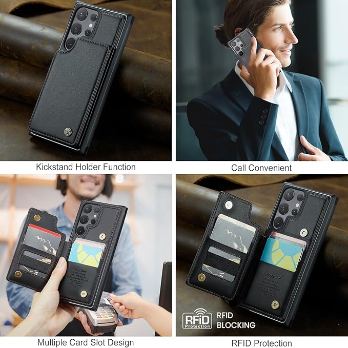 Vinich for Samsung Galaxy S24 Ultra Wallet Case with Card Holder, RFID Blocking Credit Slots Kickstand Shockproof Phone Cover for Women Men, Black