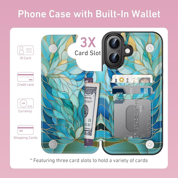 FUNMIKO for iPhone 16 Wallet Case with Card Holder, RFID-Blocking, Military-Grade Protection & UV-Printed Artwork, Magnetic Closure with Leather Kickstand - Sleek Cyan Leaf