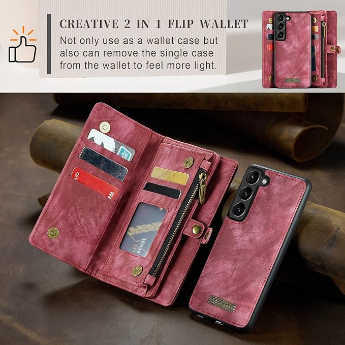 SZHAIYU 2 in 1 Detachable for Samsung Galaxy S23 Wallet Case with Card Holder, Retro Premium Flip Leather Cover Magnetic Zipper Pocket Phone Cases 6.1'' (Red,S23)