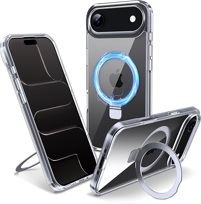 Magnetic Case for iPhone Air - [Built-in Invisible Stand] [Compatible with MagSafe] [Military Grade Drop Protection] Anti-Yellowing Hard Back Silicone Edge Cover, 6.5", Clear