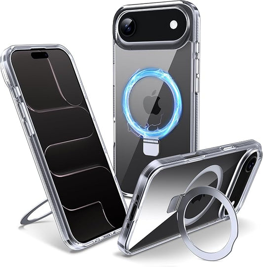 Magnetic Case for iPhone Air - [Built-in Invisible Stand] [Compatible with MagSafe] [Military Grade Drop Protection] Anti-Yellowing Hard Back Silicone Edge Cover, 6.5", Clear