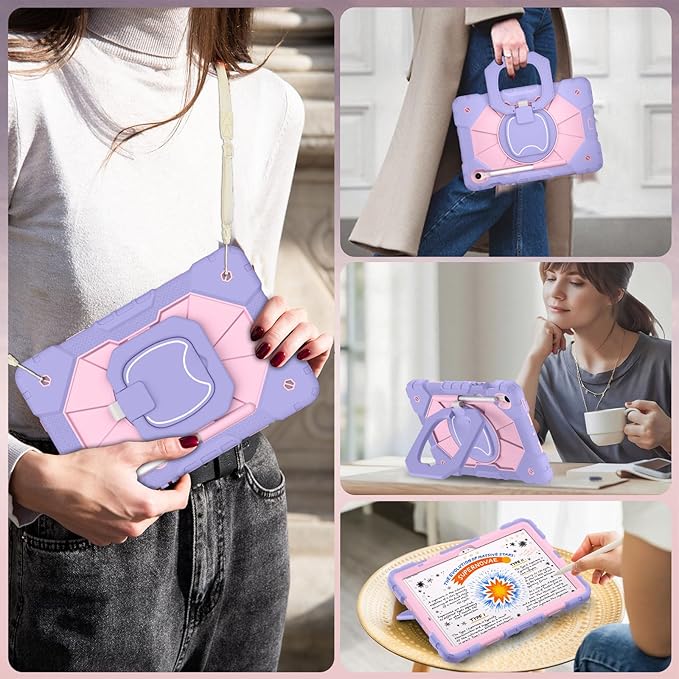 WESOROL Case for Samsung Galaxy Tab S10 Lite/S10 FE/S9 FE 10.9 Inch Galaxy Tab S9 11 Inch,Drop Protection Samsung S9 FE Kids Tablet Case with Screen Protector Rotate Stand Pen Holder,Purple Rose