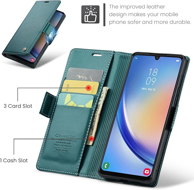 for Samsung Galaxy A34 5G Case, Premium PU Leather Wallet Case Flip Cover with [RFID Blocking][Card Holder][Stand Function] Shockproof Protective for Samsung Galaxy A34 5G, Blue-Green