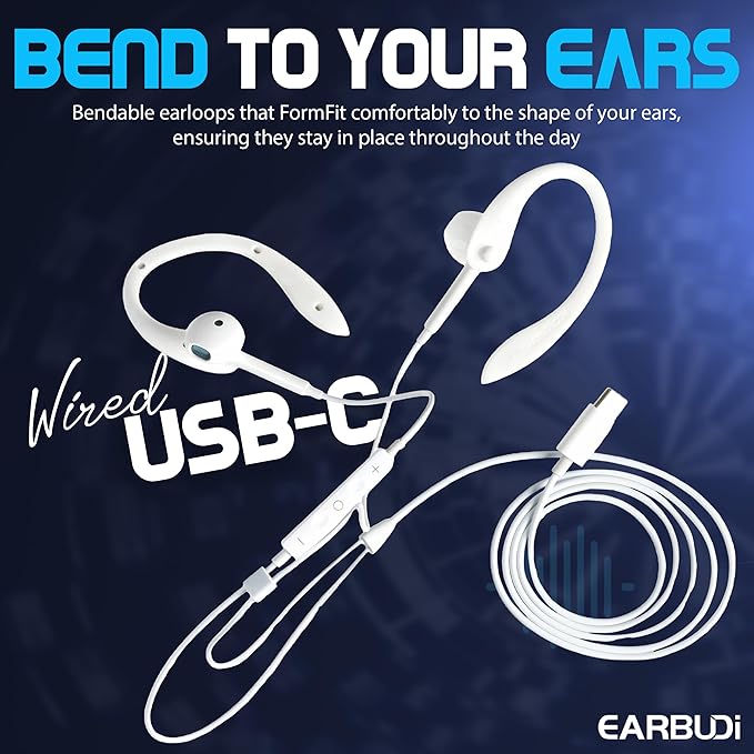 USB-C Wired Earbuds with Bendable Custom Earloops – Comfortable Fit, Sound, Compatible with Latest USB-C Phones