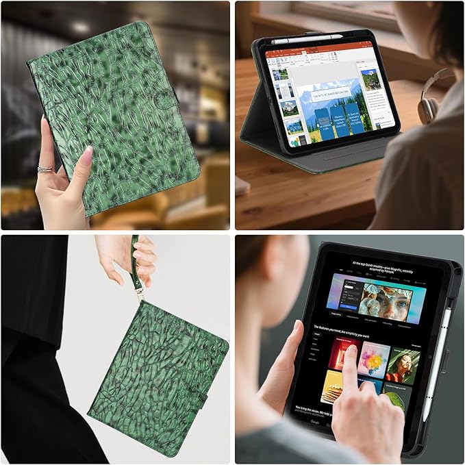 Elegant Case for Samsung Galaxy Tab A9 Plus 11 Inch 2023（Model: SM-X210/X216/X218）, Premium Leather Crocodile Cover | Stand | Card Pockets| Wrist Strap for Women Girls(Blackish Green)