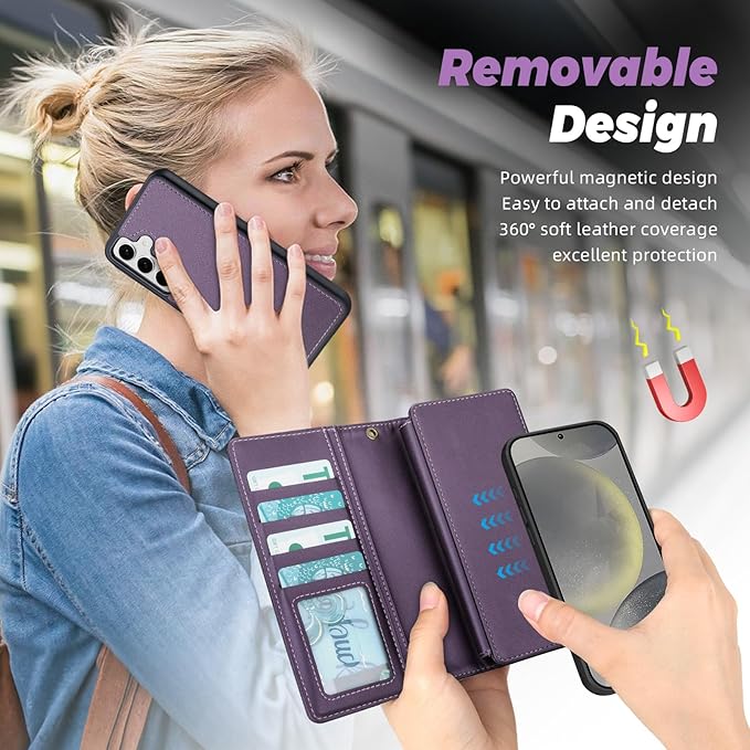 TwoHead for Samsung Galaxy S24 Wallet Case with Card Holder,Detachable Magnetic Phone Case for Galaxy S24,PU Leather Shockproof Protective Phone Cover Wallet with Wrist Strap(6.1 in,Deep Purple)