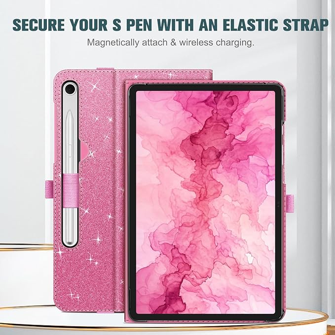 Fintie Case for Samsung Galaxy Tab S10 Lite/ S10 FE/ S9 FE 5G 10.9 Inch/Tab S9 11 Inch with S Pen Holder, Multi-Angle Viewing Protective Cover with Pocket, Auto Sleep/Wake, Glittering Pink