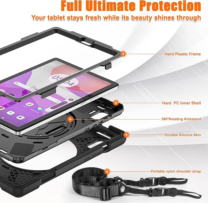 TSQQST Case for Lenovo Tab M9 9.0 Inch 2023 Model TB-310FU for Kids | Heavy Duty Rugged Shockproof Protective Case with [360 Rotating Stand] & Hand Strap, Function Cover for Lenovo M9 Tablet | Black