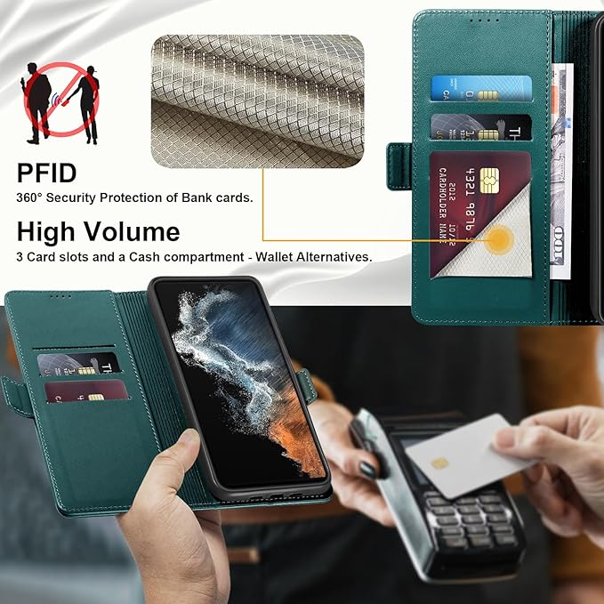 Wallet Flip Case for Samsung Galaxy S22 Ultra 5G - [RFID Blocking] Luxury PU Leather Card Holder Magnetic Phone Cover with Kickstand,Shockproof Protective Case,Green