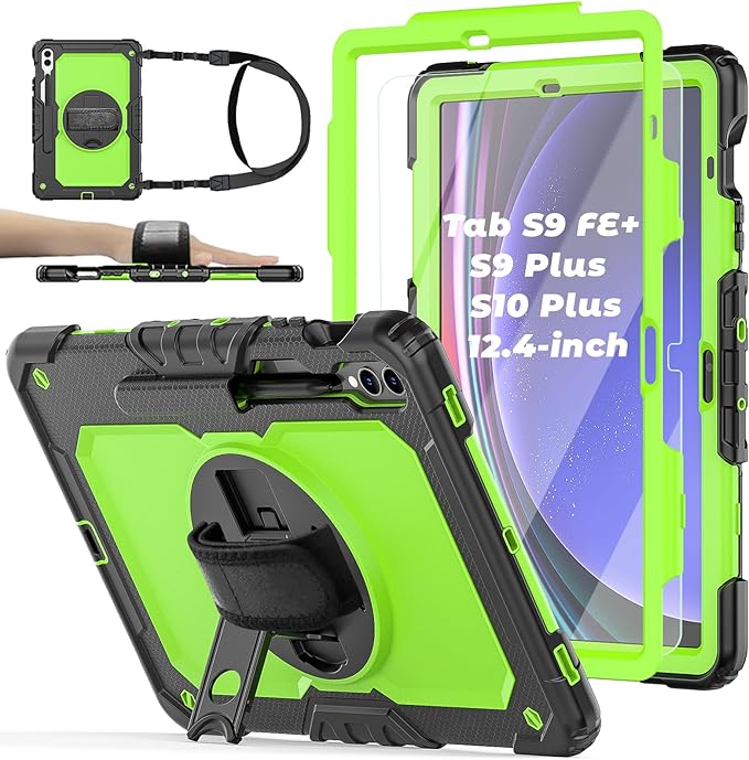 Case for Samsung Galaxy Tab S10 Plus/ S9 FE Plus/ S9 Plus 5G Case 12.4" [with Tempered Glass Screen Protector], Rotating Kickstand, S Pen Holder, Shoulder & Hand Strap (Green)