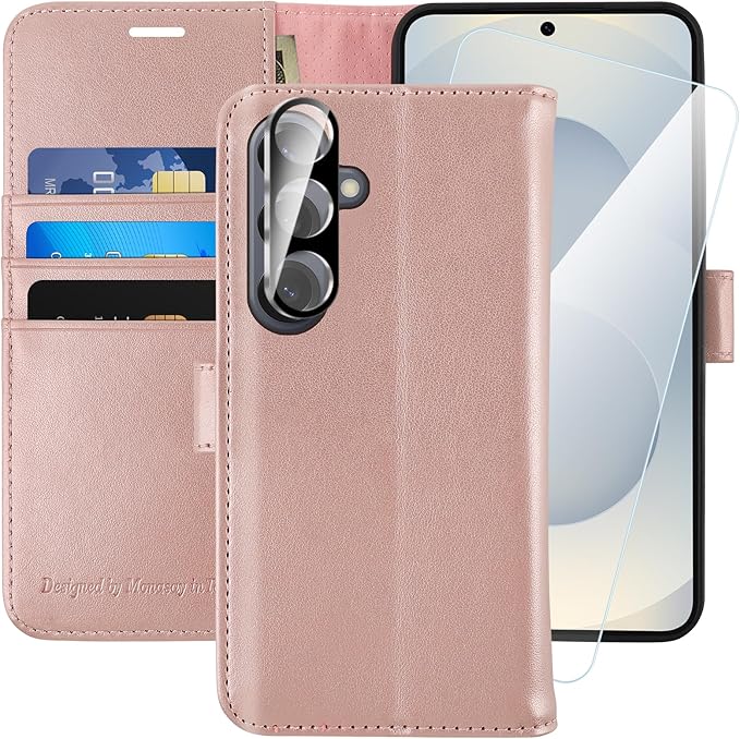 MONASAY Wallet Case Fit for Samsung Galaxy S25+ Plus 5G, [Lens & Glass Screen Protector Included] [RFID Blocking] Flip Folio Leather Cell Phone Cover with Credit Card Holder, 6.7 inch, Rosegold