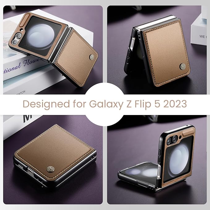 for Samsung Galaxy Z Flip 5 Case, Premium PU Leather Case Anti Scratch Slim Phone Shockproof Protective Phone Cover for Samsung Galaxy Z Flip5, Brown