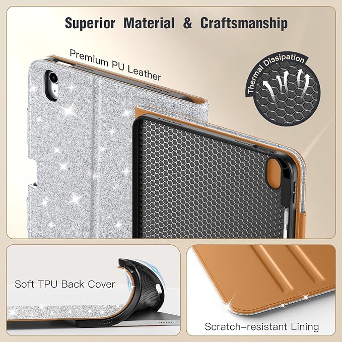 MoKo for iPad (A16) 11th Generation Case 11 inch 2025, iPad 10th Generation Case 10.9" 2022 with Pencil Holder & Pocket, Premium Leather Folio Stand Cover, Multiple Viewing Angles,SparklingWhiteSilver