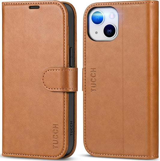 TUCCH Wallet Case for iPhone 14 6.1", [RFID Blocking] [4 Card Slot] Kickstand [Shockproof TPU Interior Case], PU Leather Magnetic Flip Cover Compatible with iPhone 14 6.1 2022, Light Brown
