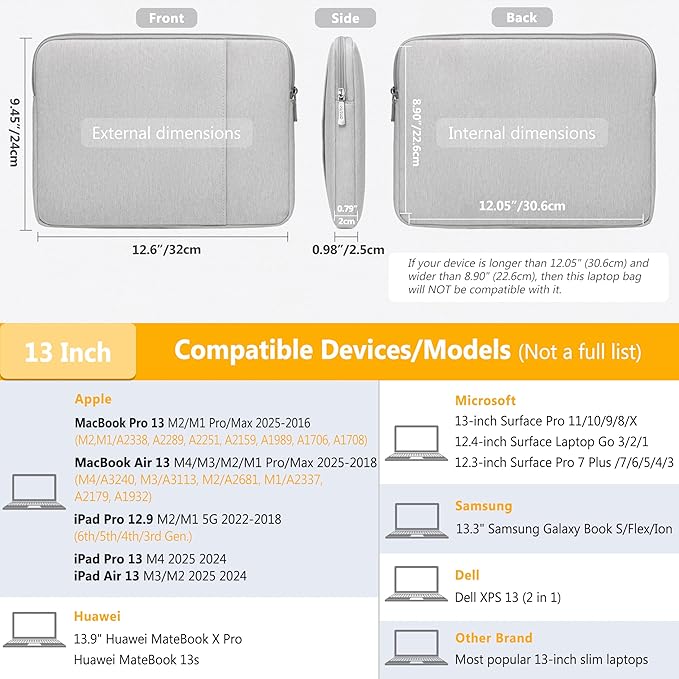 HYZUO 13 Inch Laptop Sleeve Bag Set for MacBook Air 13 M4/M3/M2/M1 2025-2018, MacBook Pro 13 M2/M1 2025-2016, iPad Pro/Air 13, XPS 13, Surface Pro, Notebook Case for 12"-13" Tablet, Light Gray