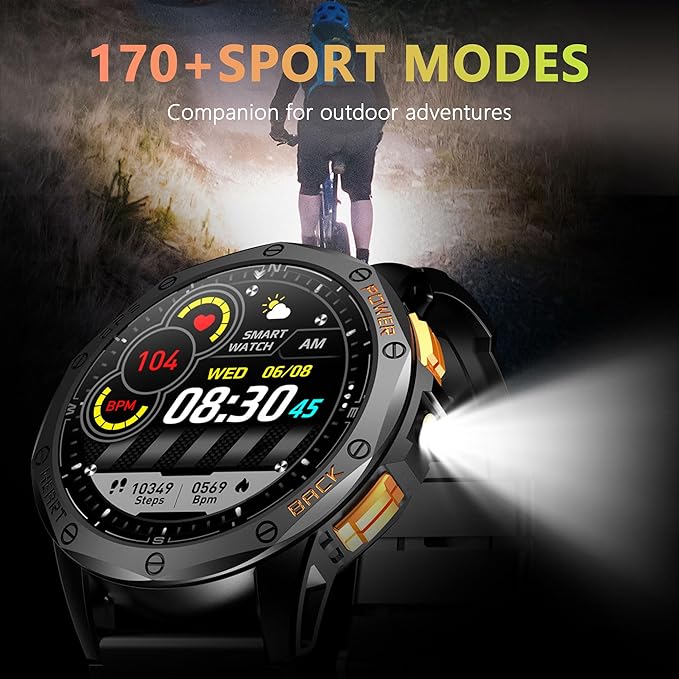 Military Smart Watch With GPS, 170+ Sport Modes Smartwatch with Heart Rate Monitor, Compass, Flashlight, GPS, Smart Watch for men,1.43" AMOLED Screen Bluetooth Call,Compatible iOS & Android (2 Bands)