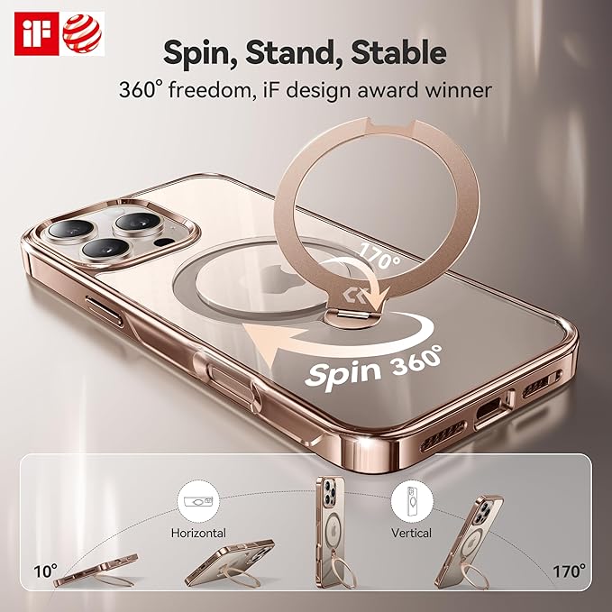 CASEKOO 360 Spin Magnetic Stand Desert Titanium for iPhone 16 Pro Max Case [Compatible with Magsafe][16FT Military Protection] Slim Polished for iPhone 16 ProMax Case with Stand 6.9'', Rose Gold