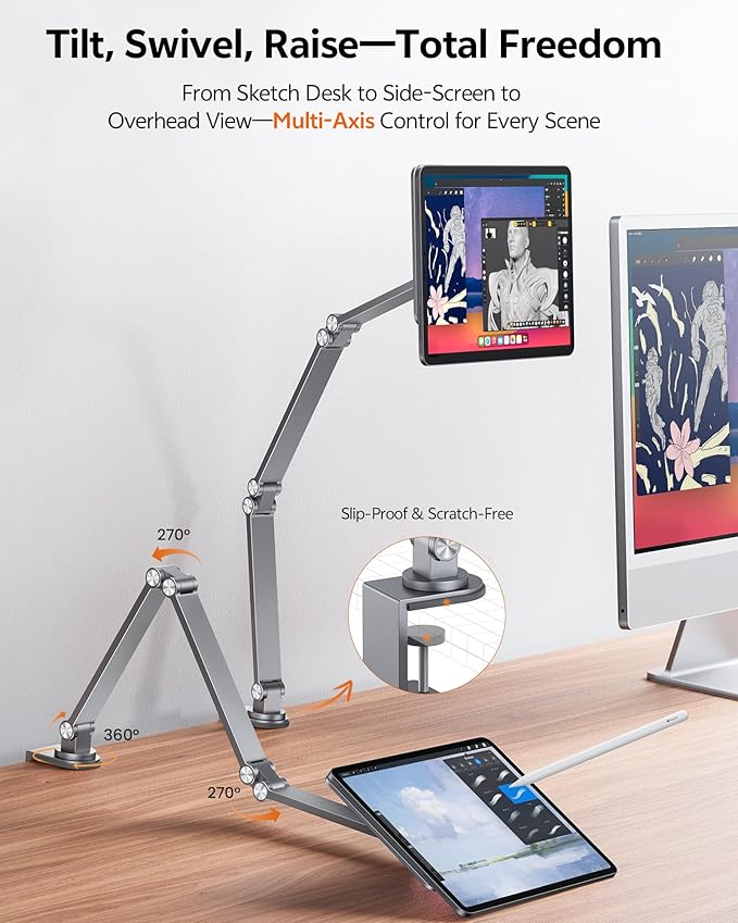 LULULOOK [Upgrade] Magnetic Wireless Charging Stand for iPad Pro 11" M4(2024) Only, Rock Steady iPad Stand for Desk with Foldable Aluminum Alloy Arm, Adjustable Tablet Mount with 2M Braided Cable