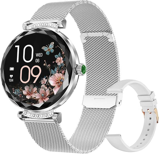 Smart Watches for Women Android/iOS, IP68 Waterproof Fitness Tracker with Bluetooth Calls, Activity Pedometer/Heart Rate/SpO2 Monitor/100+ Sports Model(Silver 2 Straps)