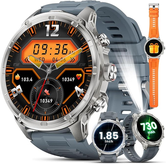 LIGE Military Smart Watch for Men with 80-Days Standby(710mAh)/Flashlight/50M Waterproof/1.85" HD Large Screen,100+ Sports Fitness Tracker Watch,Pedometer Mens Smart Watch for Android iPhone