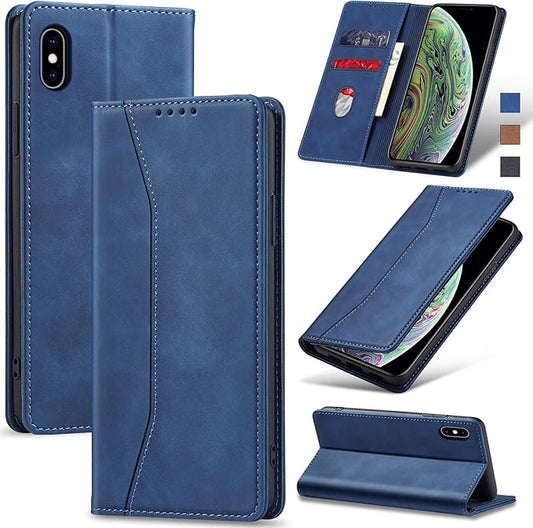 Jasonyu Flip Wallet Case for iPhone X/XS,Leather Magnetic Folio Cover with Card Holder,Kickstand - TPU Shockproof Durable Protective Phone Case,Blue