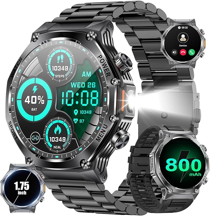 Military Smart Watch for Men,800mAh Large Battery/1.75" HD Smartwatch with LED Flashlight for Android iOS (Bluetooth Call Answer/Calls)Fitness Tracker with Heart Rate/Sleep Tracking/Pedometer 2 Straps