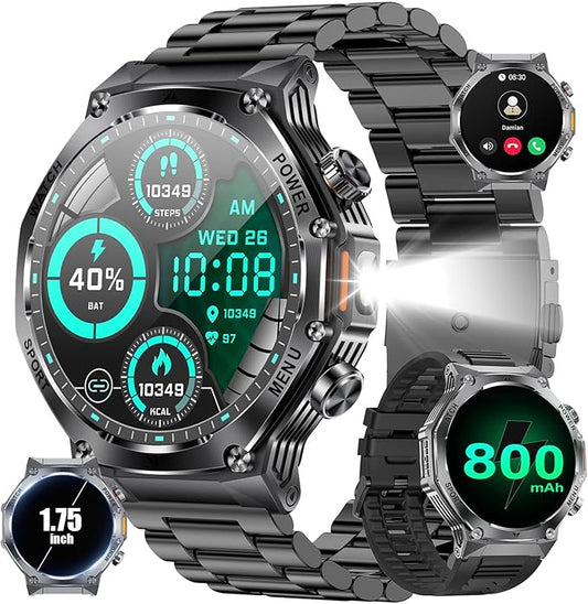 Military Smart Watch for Men,800mAh Large Battery/1.75" HD Smartwatch with LED Flashlight for Android iOS (Bluetooth Call Answer/Calls)Fitness Tracker with Heart Rate/Sleep Tracking/Pedometer 2 Straps
