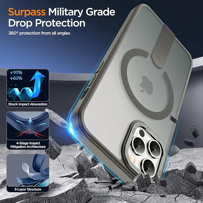 for iPhone 14 Pro Max Case with Kickstand, Compatible with MagSafe, [Invisible Stand] Anti-Slip Shockproof Military-Grade Protection, Magnetic Protective Phone Case for iPhone 14Pro Max, Gray