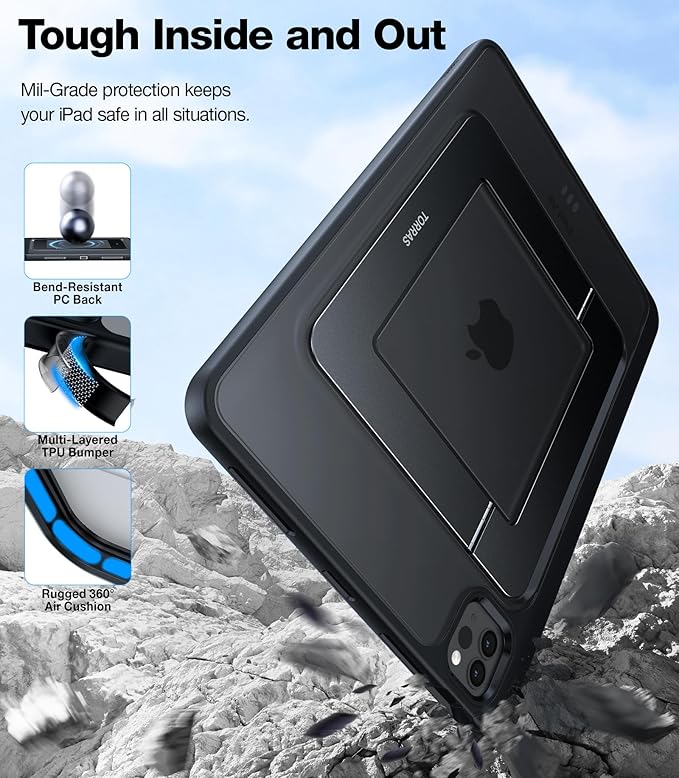 TORRAS Ostand for iPad Pro 11 inch Case 4th/3rd/2nd/1st Generation 2022 2021 2020 2018 with Sturdy Kickstand, Slim Bend-Proof, Adjustable Stand, Any-Angle Viewing, Built-in Pencil Holder, Black